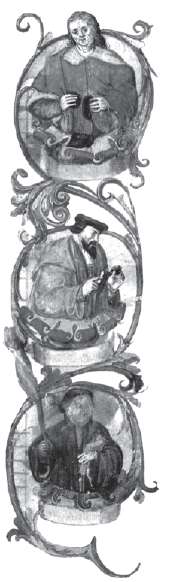 Wyclif avec des pierres à feu, Hus avec un cierge et Luther avec un flambeau font jaillir la lumière dans les ténèbres. Enluminure d’un manuscrit tchèque de 1572